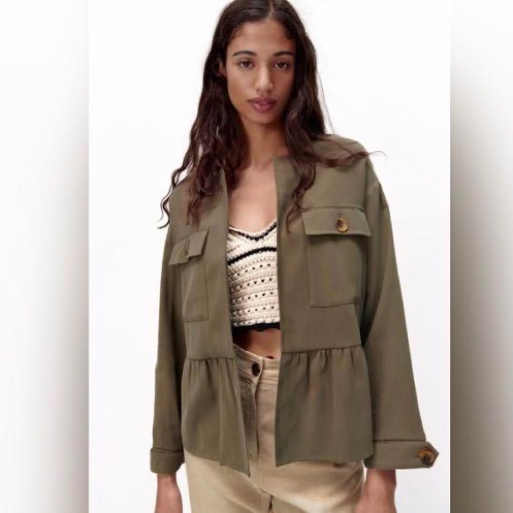 NWT ZARA Viscose Blend Ruffle Peplum Army‎ Green Jacket Open Front 4968/068/M
